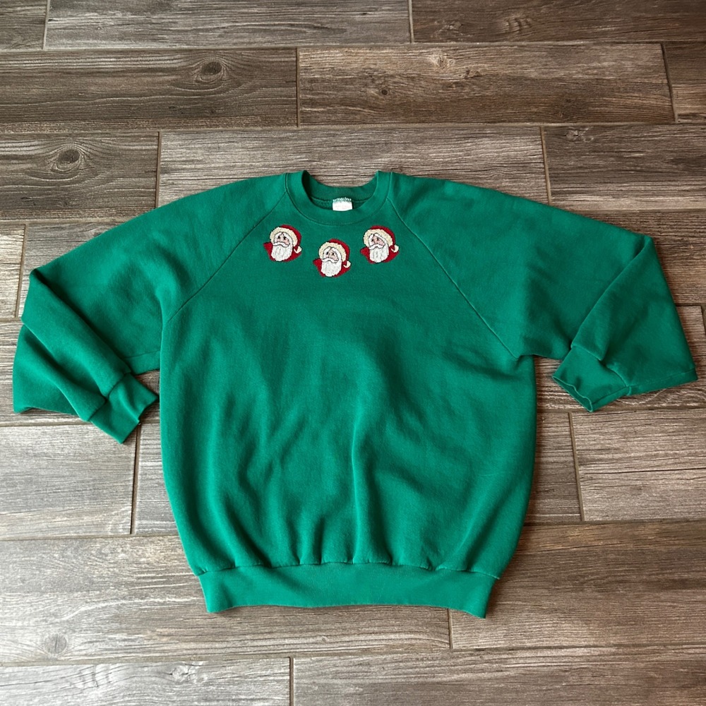 Vintage DIY Needlepoint Green Santa Christmas Sweater Sweatshirt Women's Size L